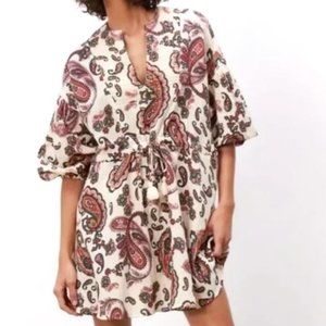 Zara Paisley Print Mini Dress - Cream and Pink